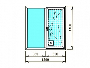 Окно двухстворчатое с одной поворотно-откидной створкой  1300х1400 мм