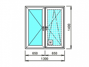 Окно двухстворчатое с поворотной и поворотно-откидной створками 1300x1400 мм